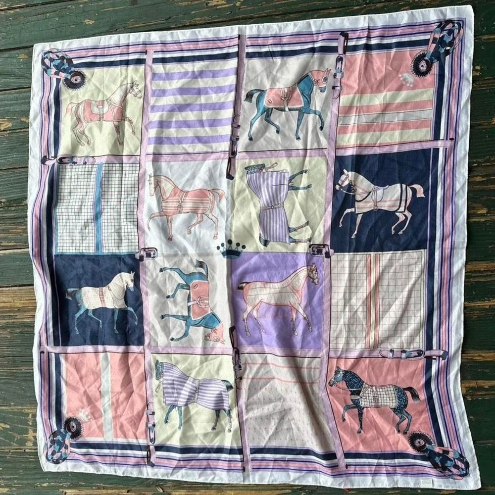 Horse print scarf with pink and purple tones equestirian vtg‎